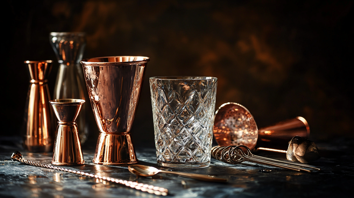 Copper still and glassware behind a liquor-focused bar setup for free liquor inventory system