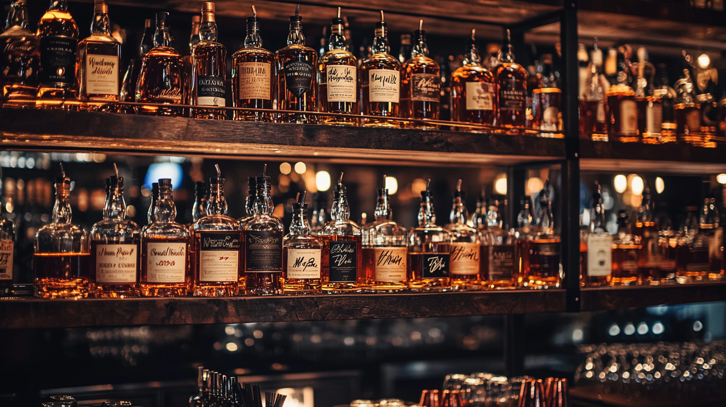 Backbar shelf lined with bottles for free bar inventory system